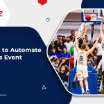 Two male basketball players trying to defend a basket by opponent team player and the copy on the left reads, “10 Reasons To Automate Your Sports Event”